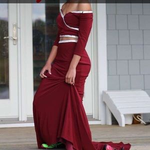 two piece burgundy prom dress